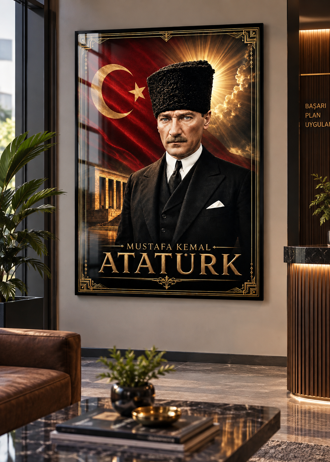 Kalpaklı Atatürk ve Anıtkabir Altın Motifli Cam Tablo – görünüm 3