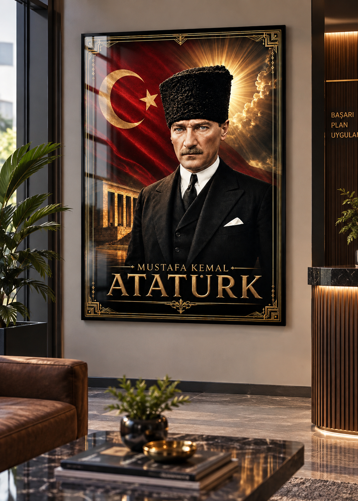 Kalpaklı Atatürk ve Anıtkabir Altın Motifli Cam Tablo – görünüm 3