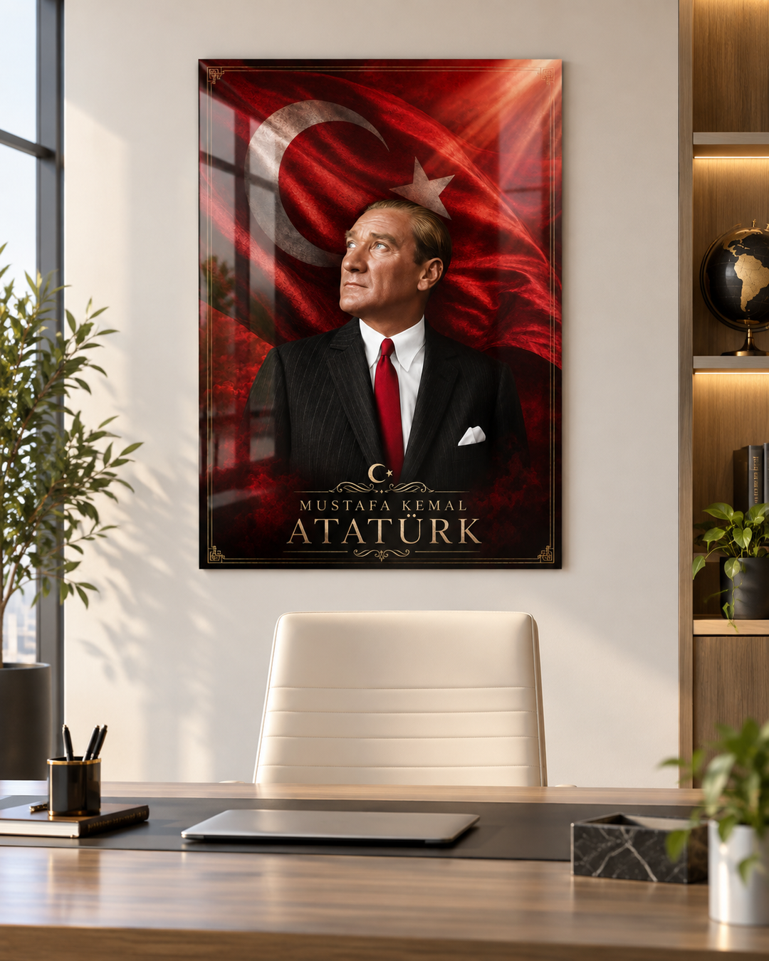 Türk Bayraklı Altın Motifli Atatürk Cam Tablo