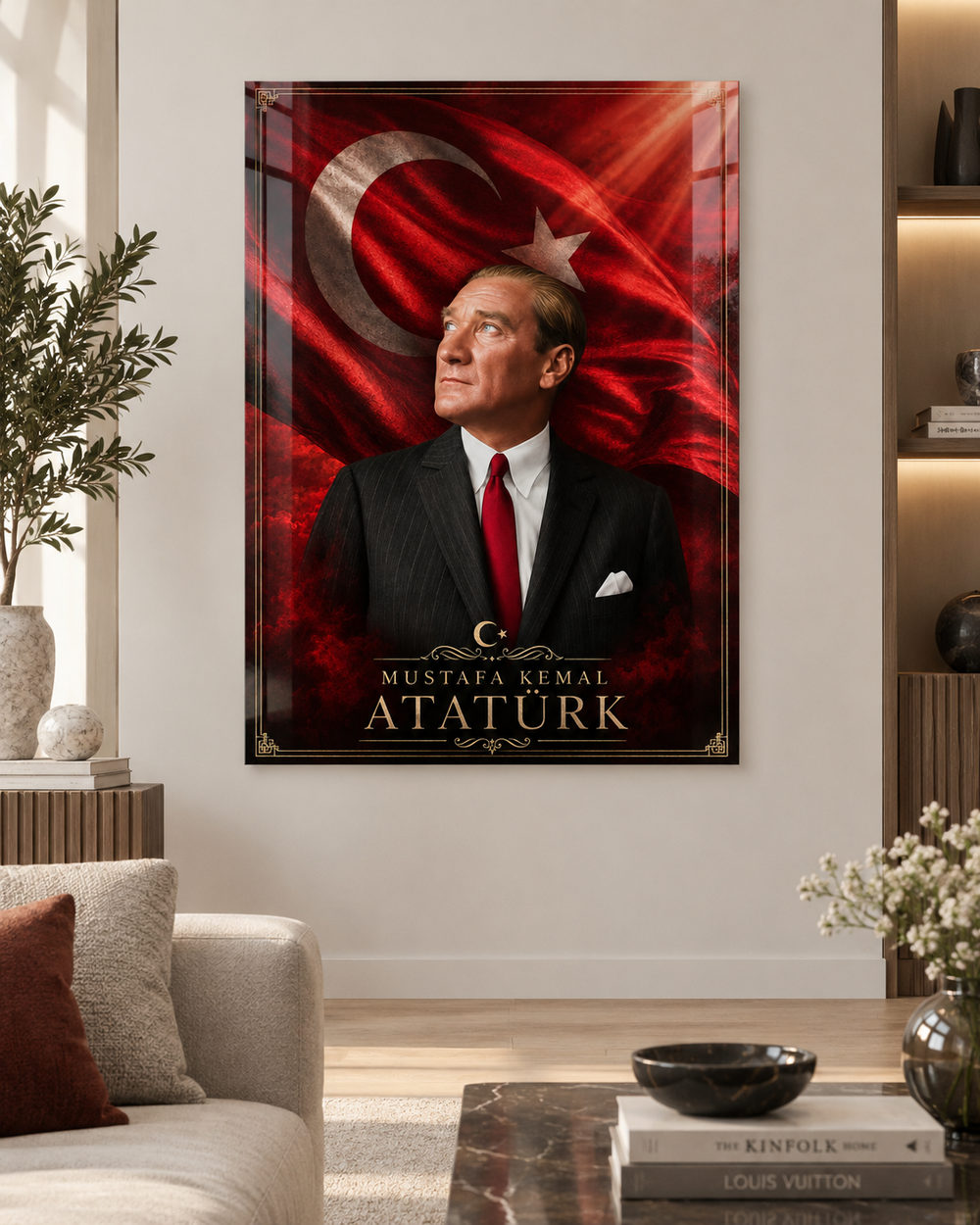 Türk Bayraklı Altın Motifli Atatürk Cam Tablo – görünüm 2