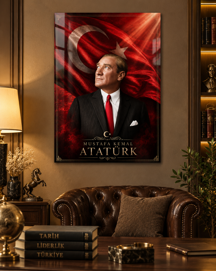Türk Bayraklı Altın Motifli Atatürk Cam Tablo – görünüm 3