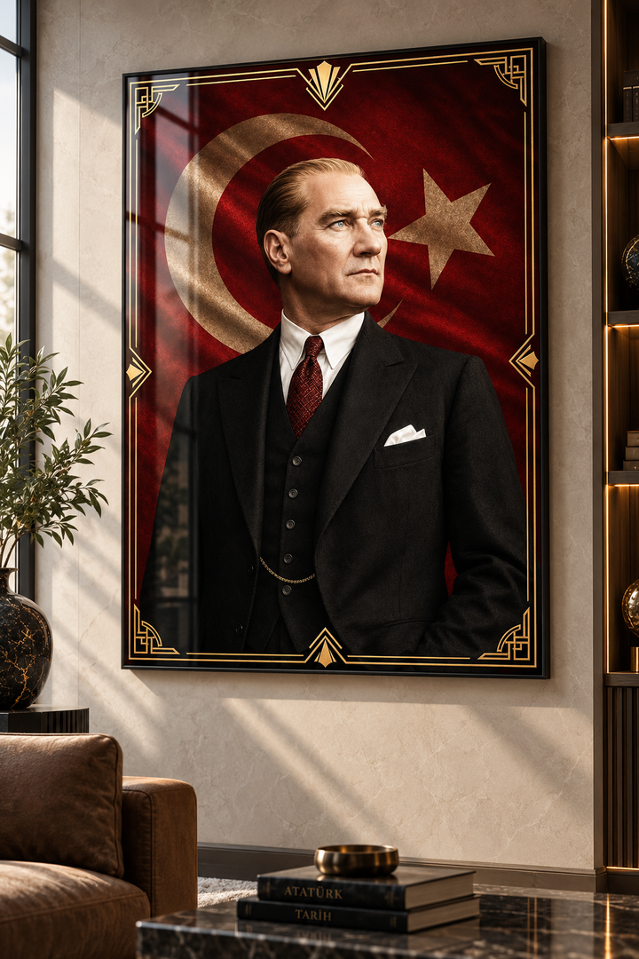 Ay Yıldızlı Klasik Atatürk Portresi Cam Tablo