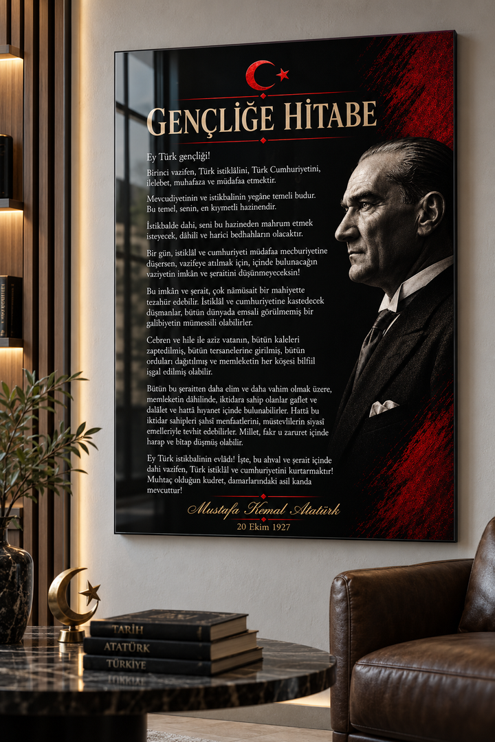 Gençliğe Hitabe ve Atatürk Portresi Cam Tablo