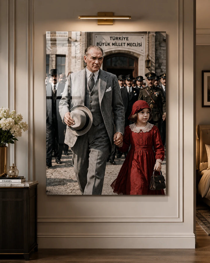 TBMM Önünde Atatürk ve Çocuk Cam Tablo