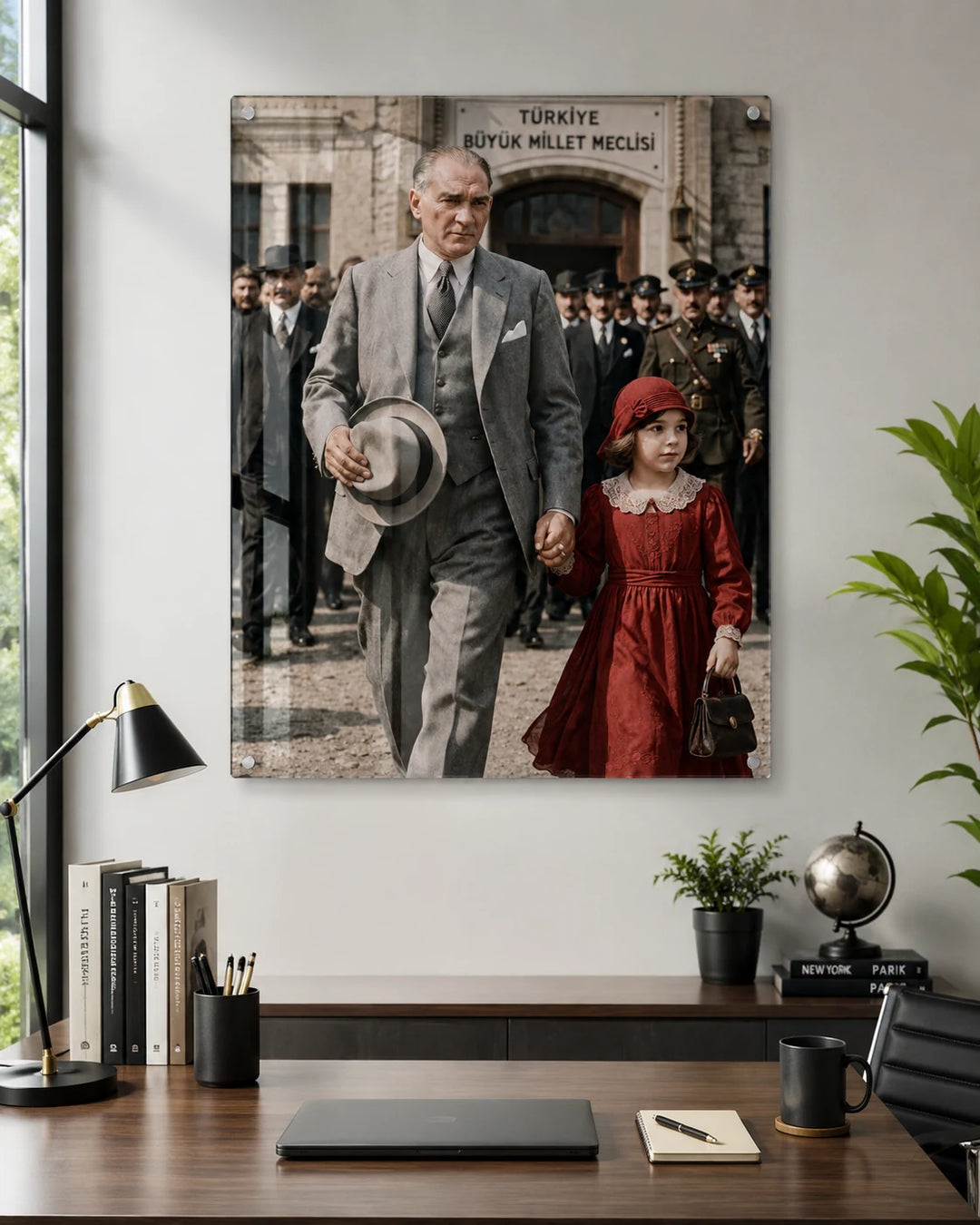 TBMM Önünde Atatürk ve Çocuk Cam Tablo – duvar dekorasyonu görünümü