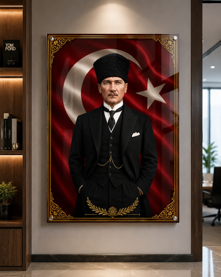Türk Bayrağı Önünde Mustafa Kemal Atatürk Portresi Temperli Cam Tablo