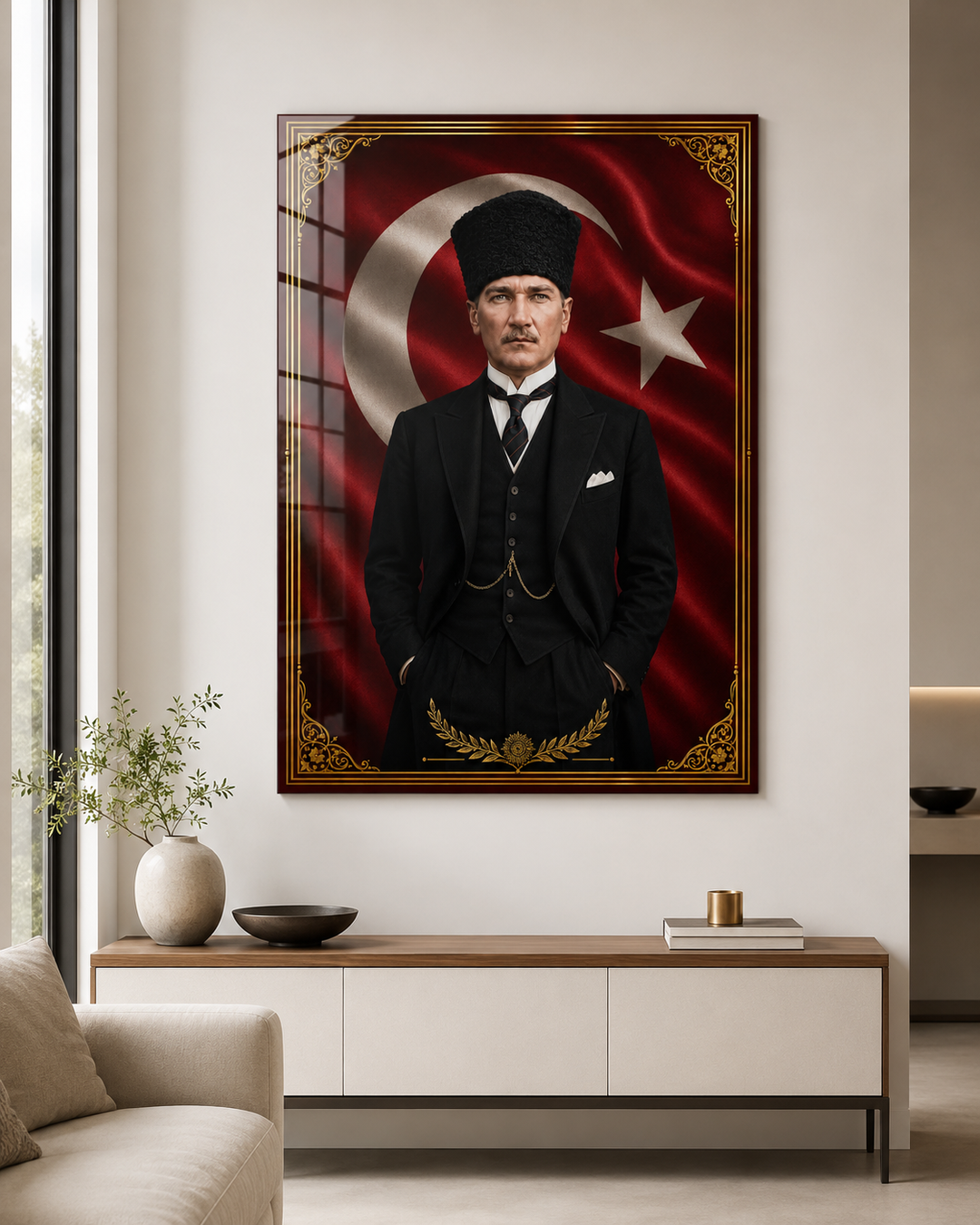 Türk Bayrağı Önünde Mustafa Kemal Atatürk Portresi Temperli Cam Tablo – yakın plan görünümü