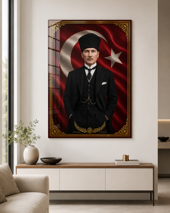 Türk Bayrağı Önünde Mustafa Kemal Atatürk Portresi Temperli Cam Tablo – yakın plan görünümü