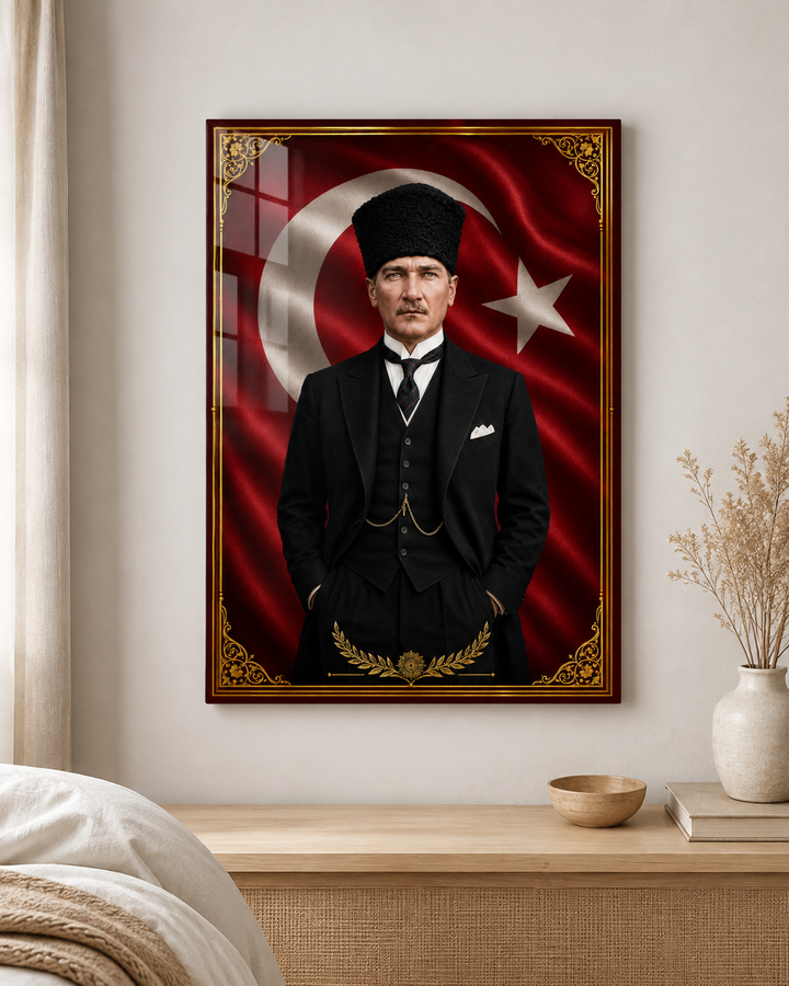 Türk Bayrağı Önünde Mustafa Kemal Atatürk Portresi Temperli Cam Tablo – duvar dekorasyonu görünümü