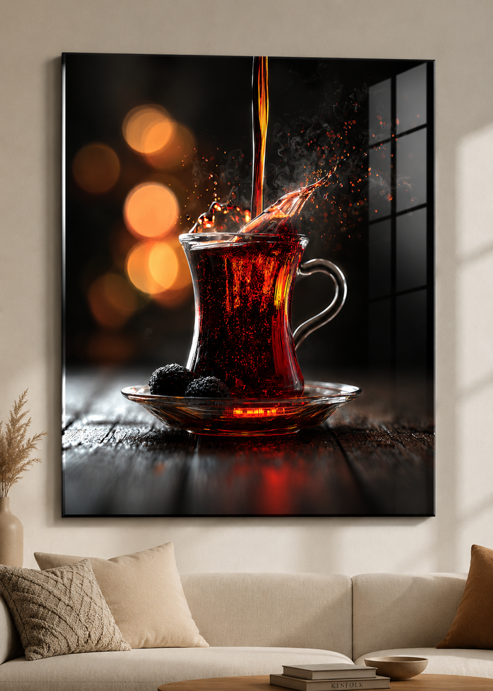Çay Dökülme Anı Siyah Fon Temperli Cam Tablo – yakın plan görünümü