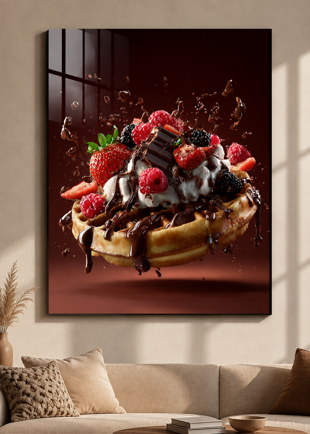 Çikolatalı Meyveli Waffle Temperli Cam Tablo – duvar dekorasyonu görünümü