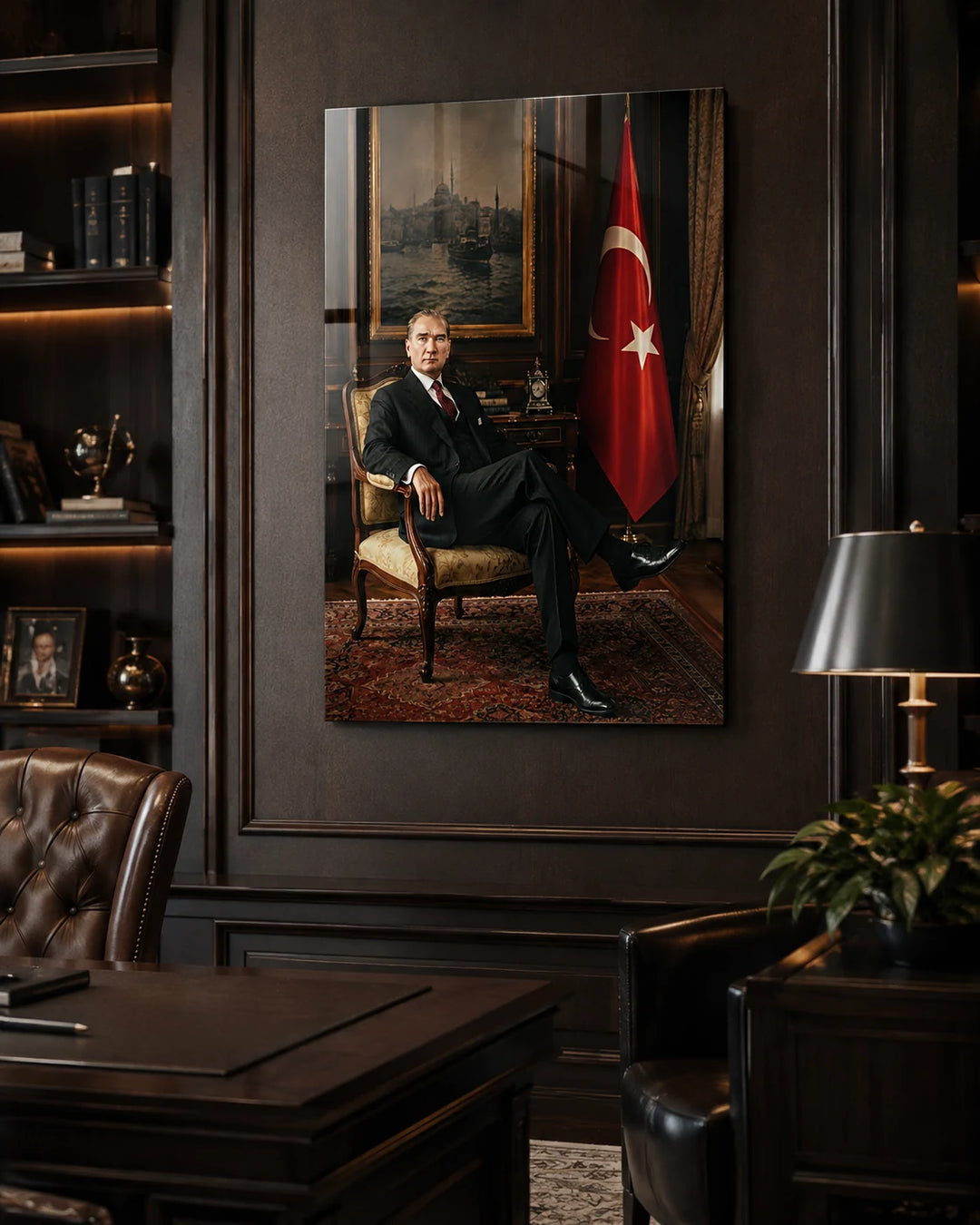 Türk Bayrağı Önünde Koltukta Oturan Atatürk Cam Tablo