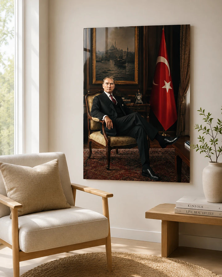 Türk Bayrağı Önünde Koltukta Oturan Atatürk Cam Tablo – yakın plan oda görünümü