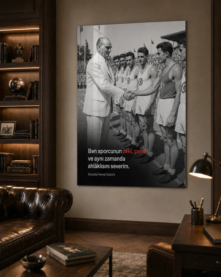 Ben Sporcunun Zeki, Çevik ve Ahlaklısını Severim Atatürk Cam Tablo – duvar dekorasyonu görünümü